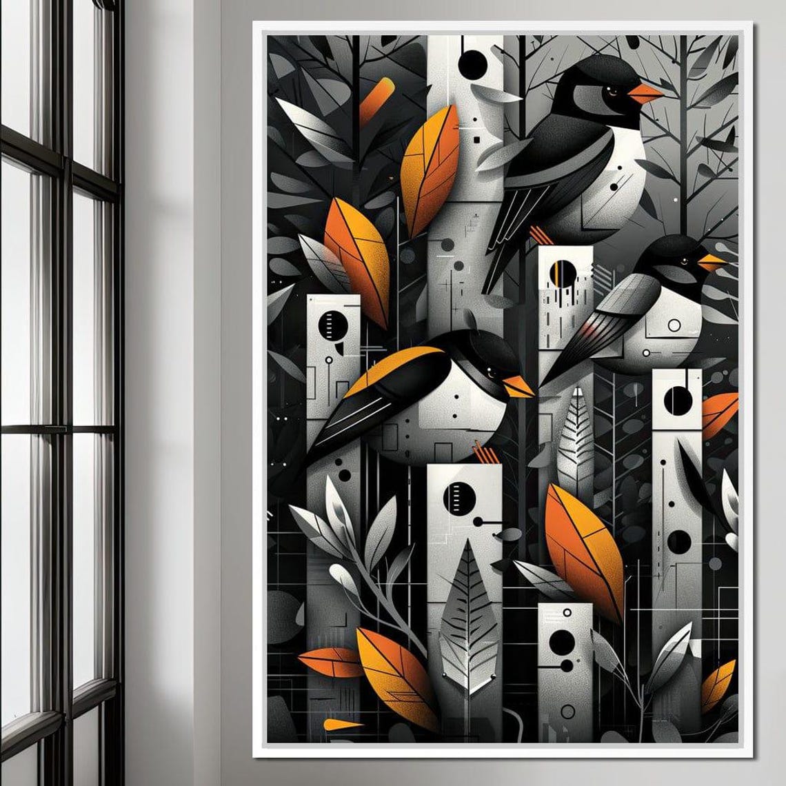 Monochrome Geometric Birds Orange Beaks Birch Forest Wall Art - Image 4