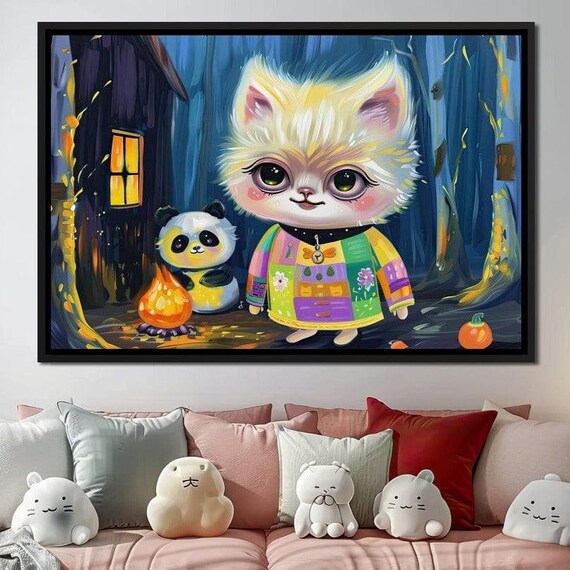 Cute Kitten Panda Campfire Cabin Night Whimsical Kids Room Art Print
