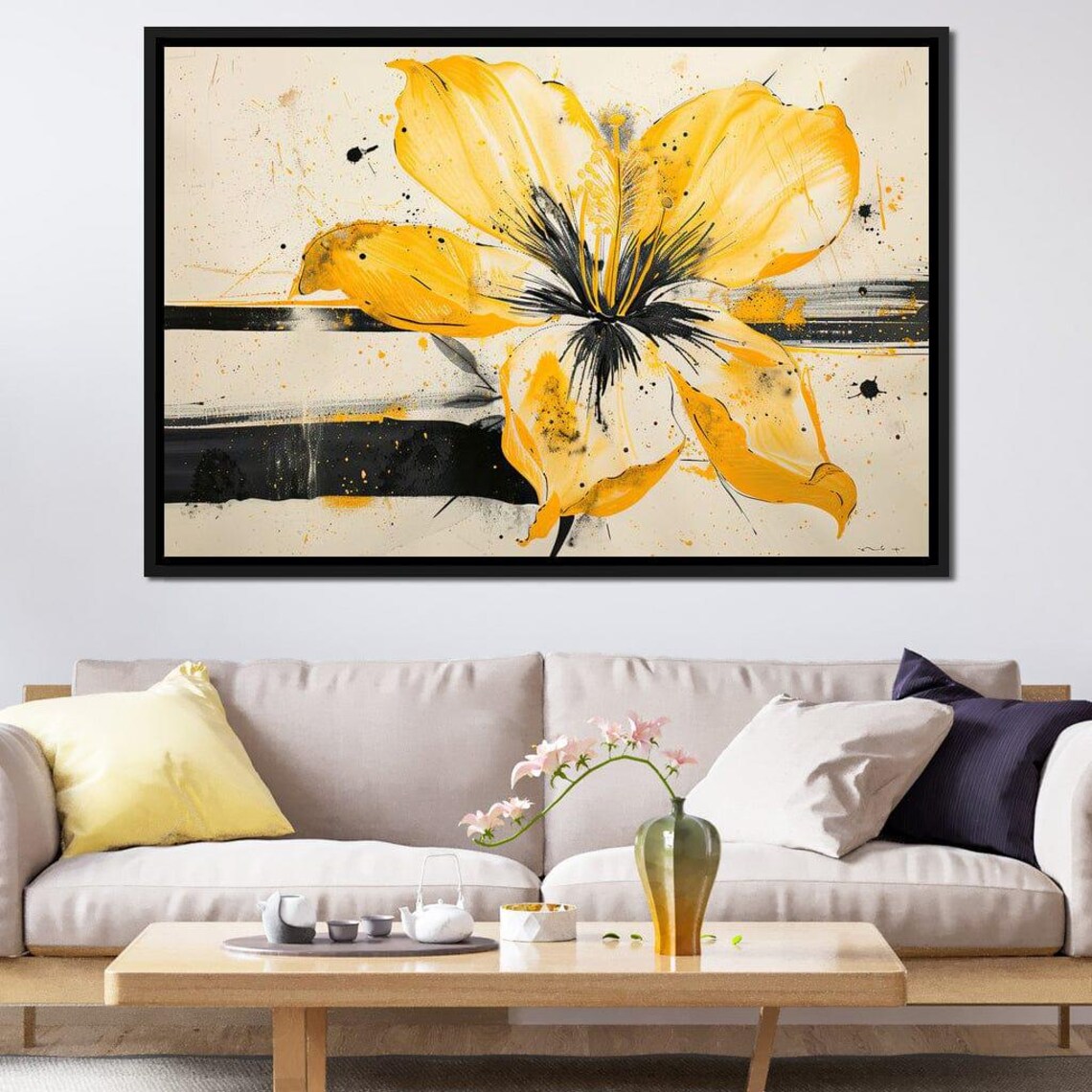 Golden Yellow Hibiscus Black Stripes Modern Abstract Art Print - Image 2