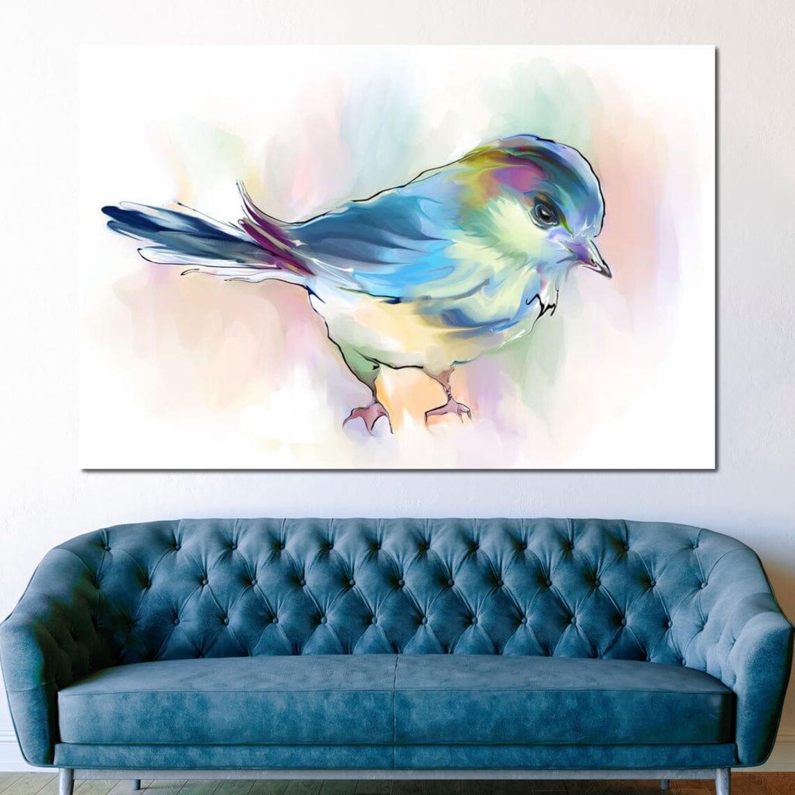 Watercolor Songbird Blue Green Pastel Bird Lover Nature Wall Art - Image 3