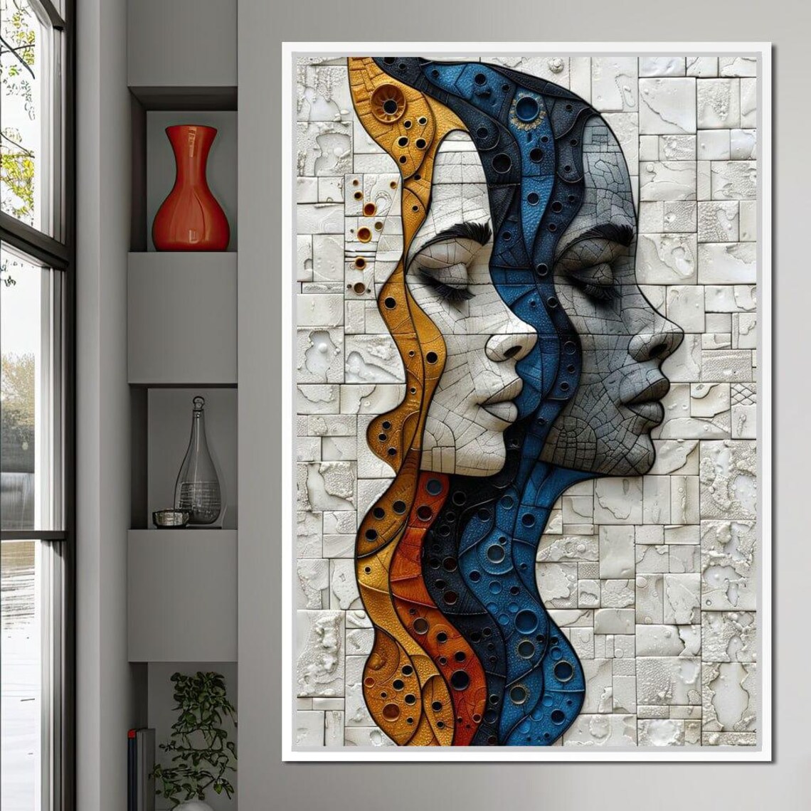 Mosaic Dual Faces Gold Amber Blue Tiled Portrait Modern Wall Art - Image 4