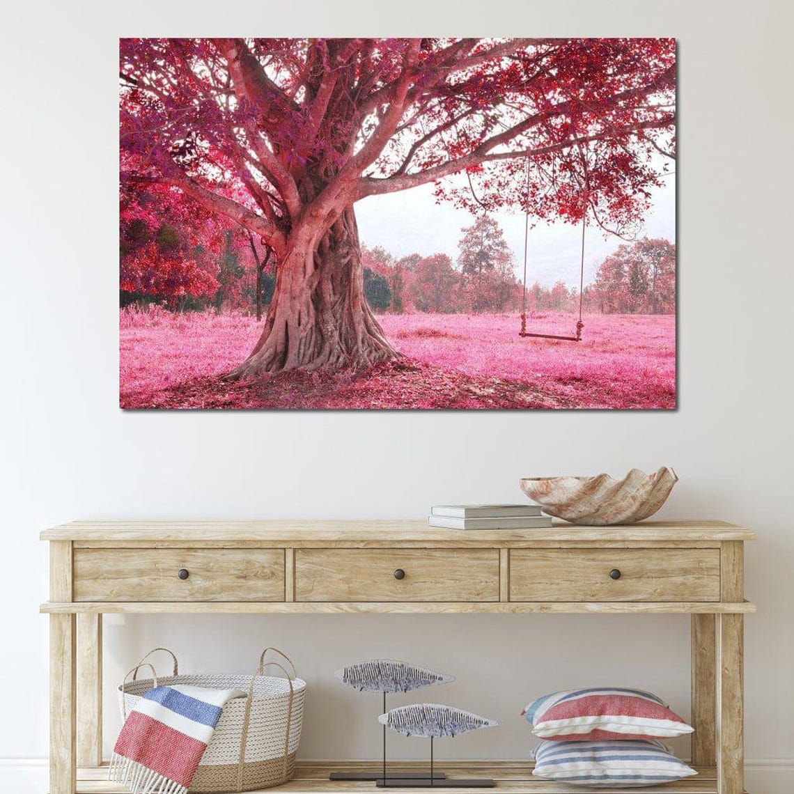 Pink Cherry Blossom Tree Swing in a Dreamy Spring Meadow Nature Poster