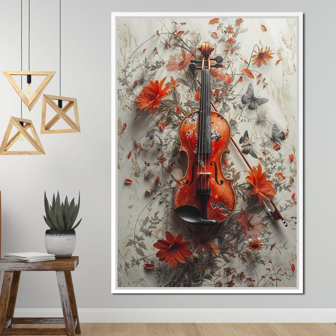 Red Violin Orange Blossoms Butterflies Marble Elegant Music Art Print - Image 2