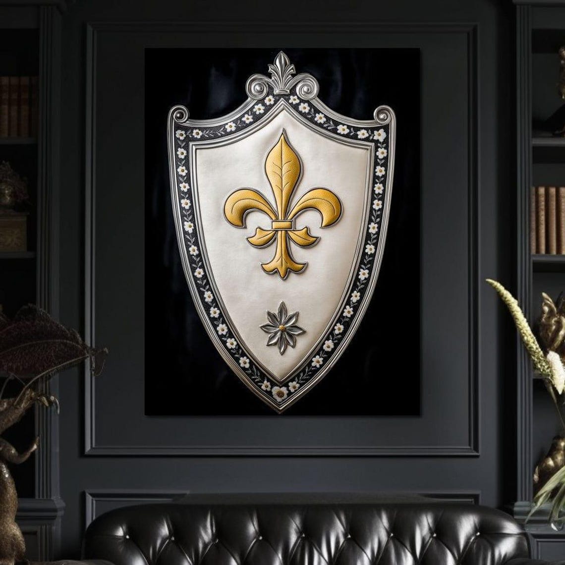 Silver and Gold Fleur De Lys Shield on Black Regal Emblem Poster - Image 2