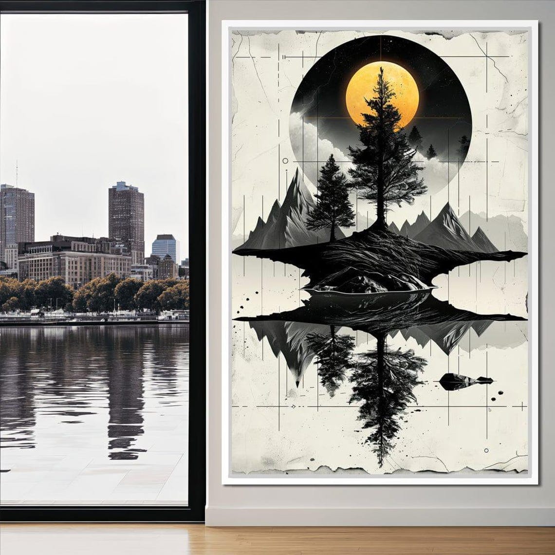 Moonlit Mountain Reflection Minimalist Black And White Wall Art - Image 2