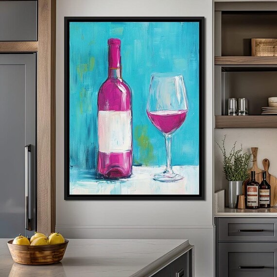 Magenta Wine Bottle and Glass Turquoise Bold Kitchen Bar Wall Art Print