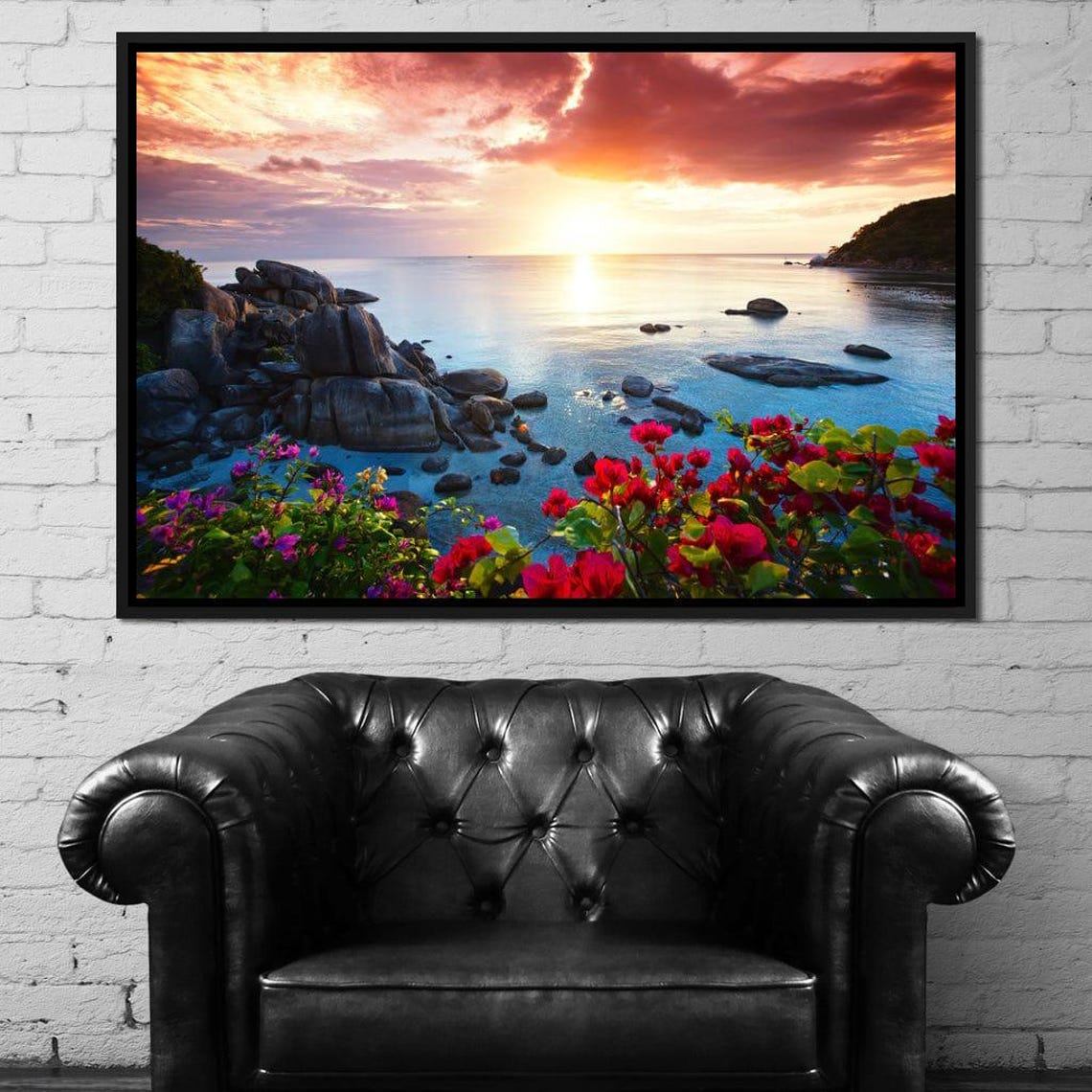 Rocky Tropical Beach Sunset with Bougainvillea Flowers Seascape Poster - Image 2