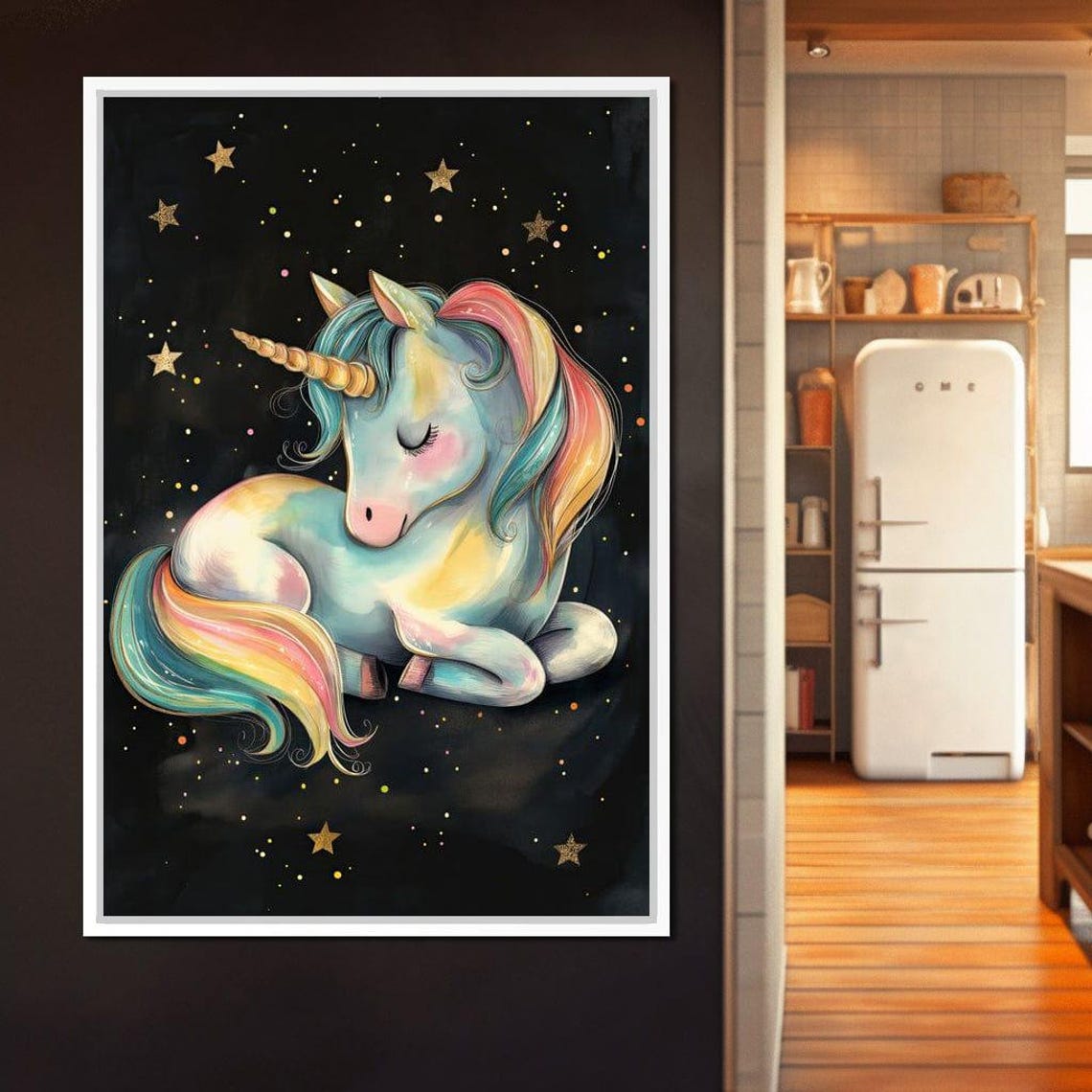 Sleeping Pastel Unicorn Rainbow Mane Starry Night Kids Art Poster - Image 3
