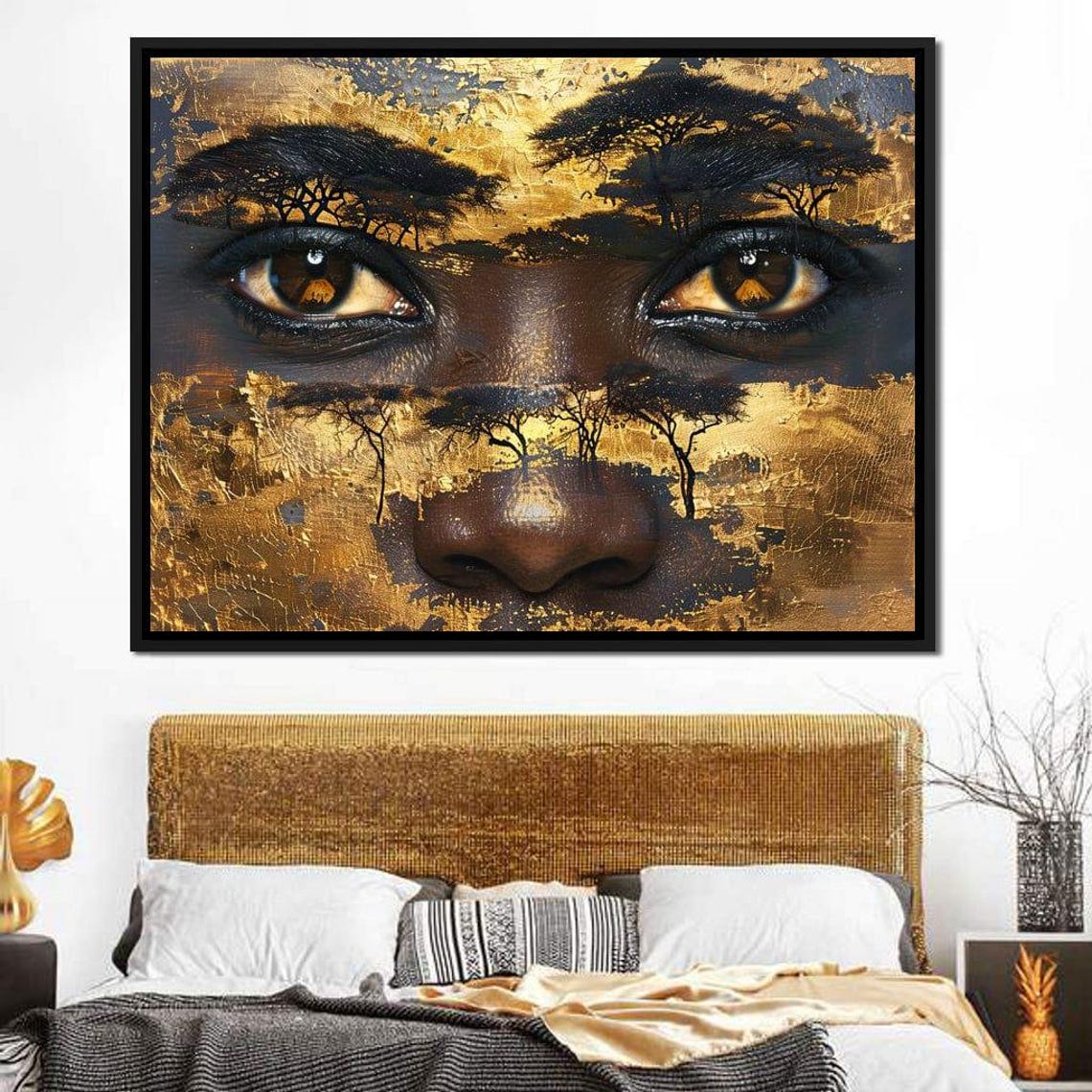 Golden Savanna Eyes Mystical Acacia Tree Double Exposure Wall Art - Image 3