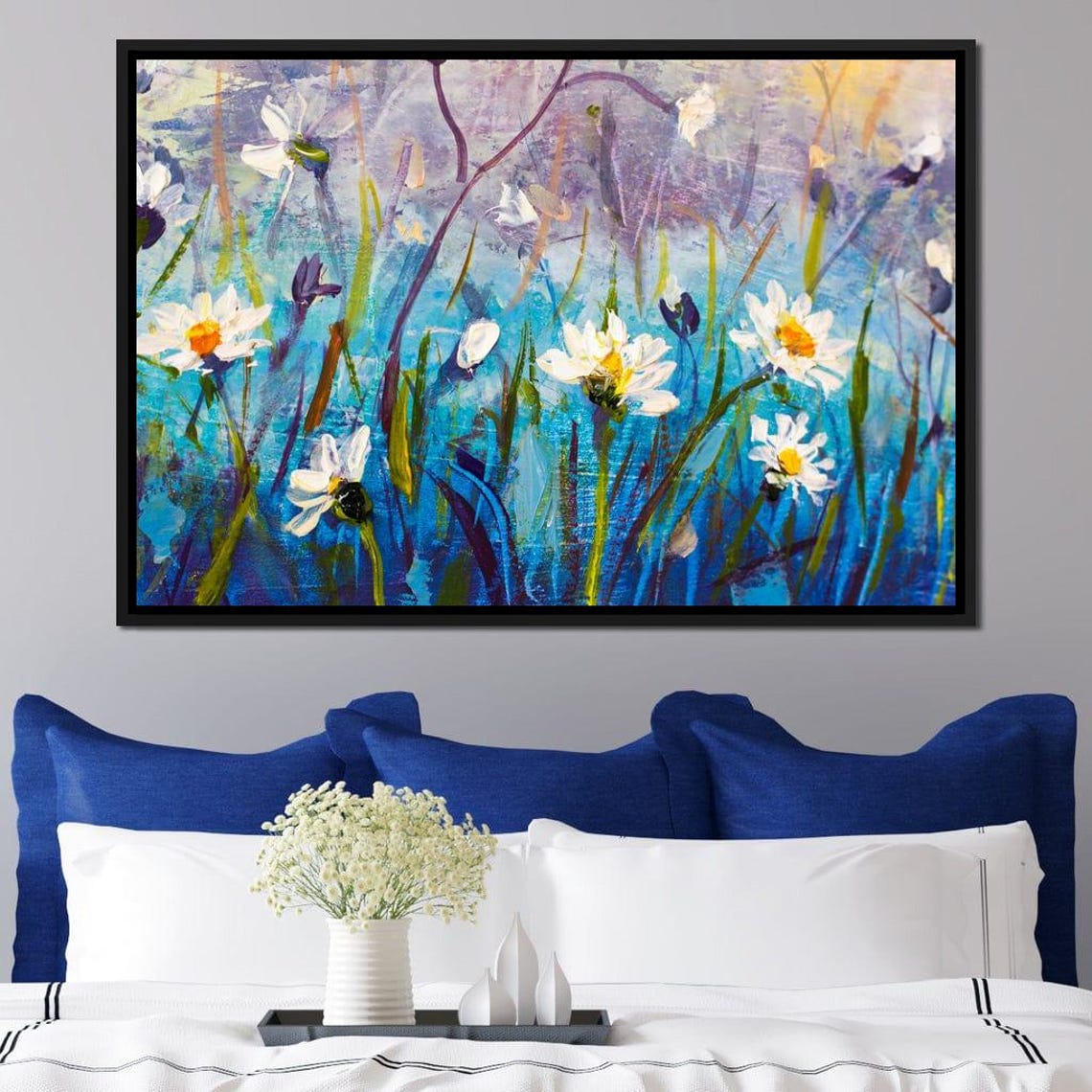 White Daisies On Blue Background Impressionist Floral Wall Art Print - Image 2