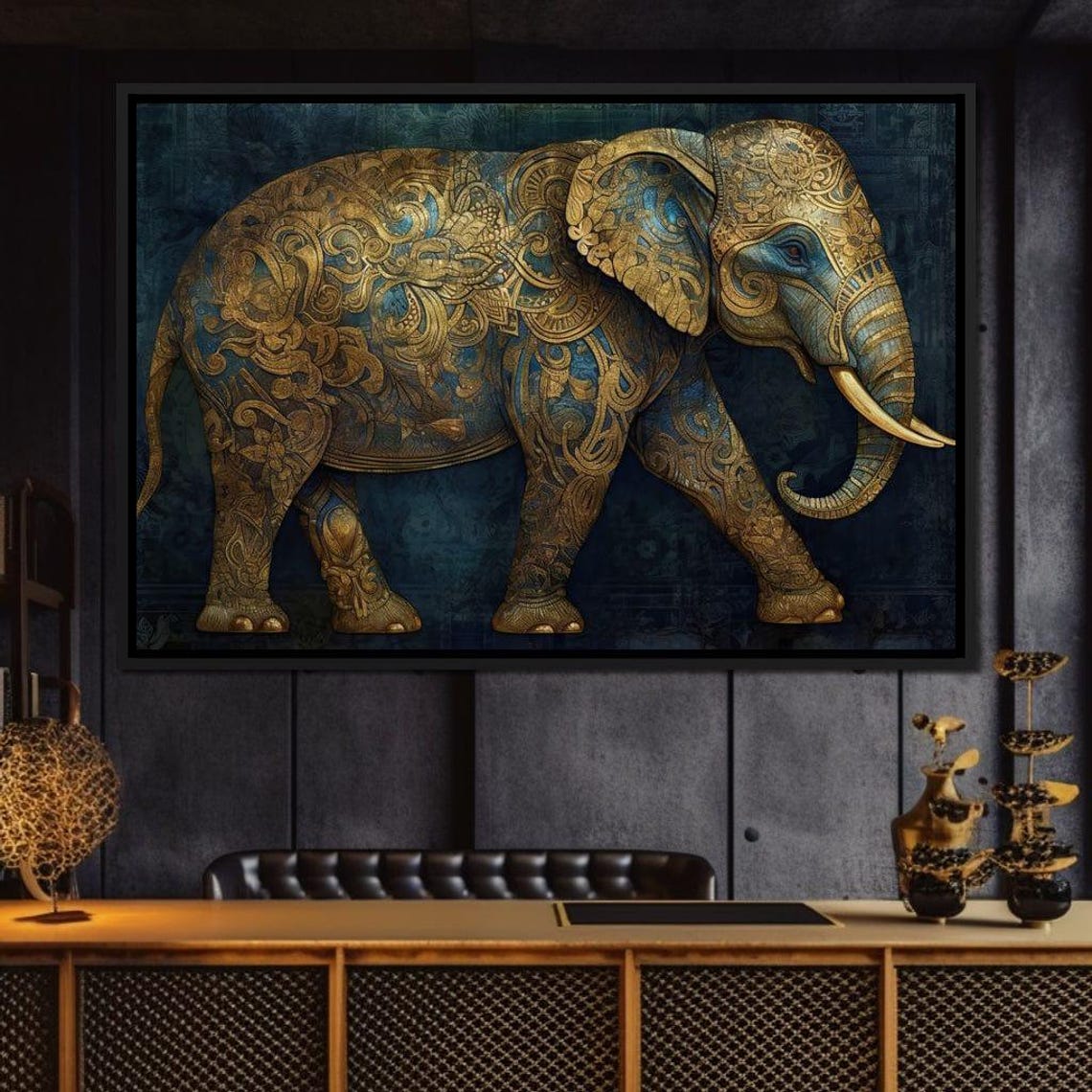 Majestic Gilded Filigree Elephant Ornate Gold Teal Wildlife Wall Art