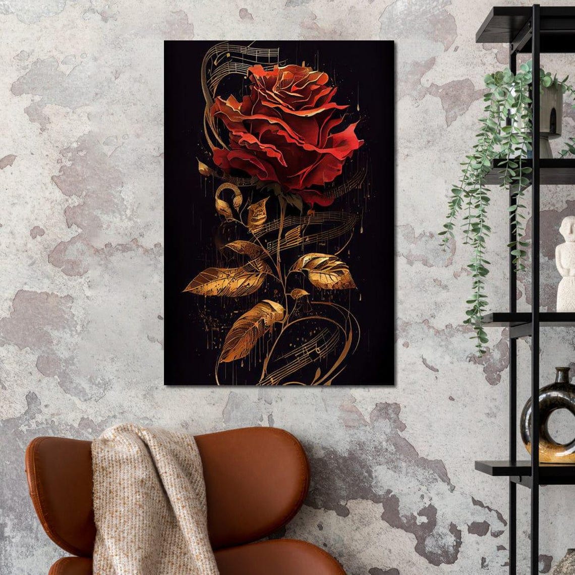 Red Rose Sheet Music Gold Leaves Romantic Classical Wall Art - Image 3