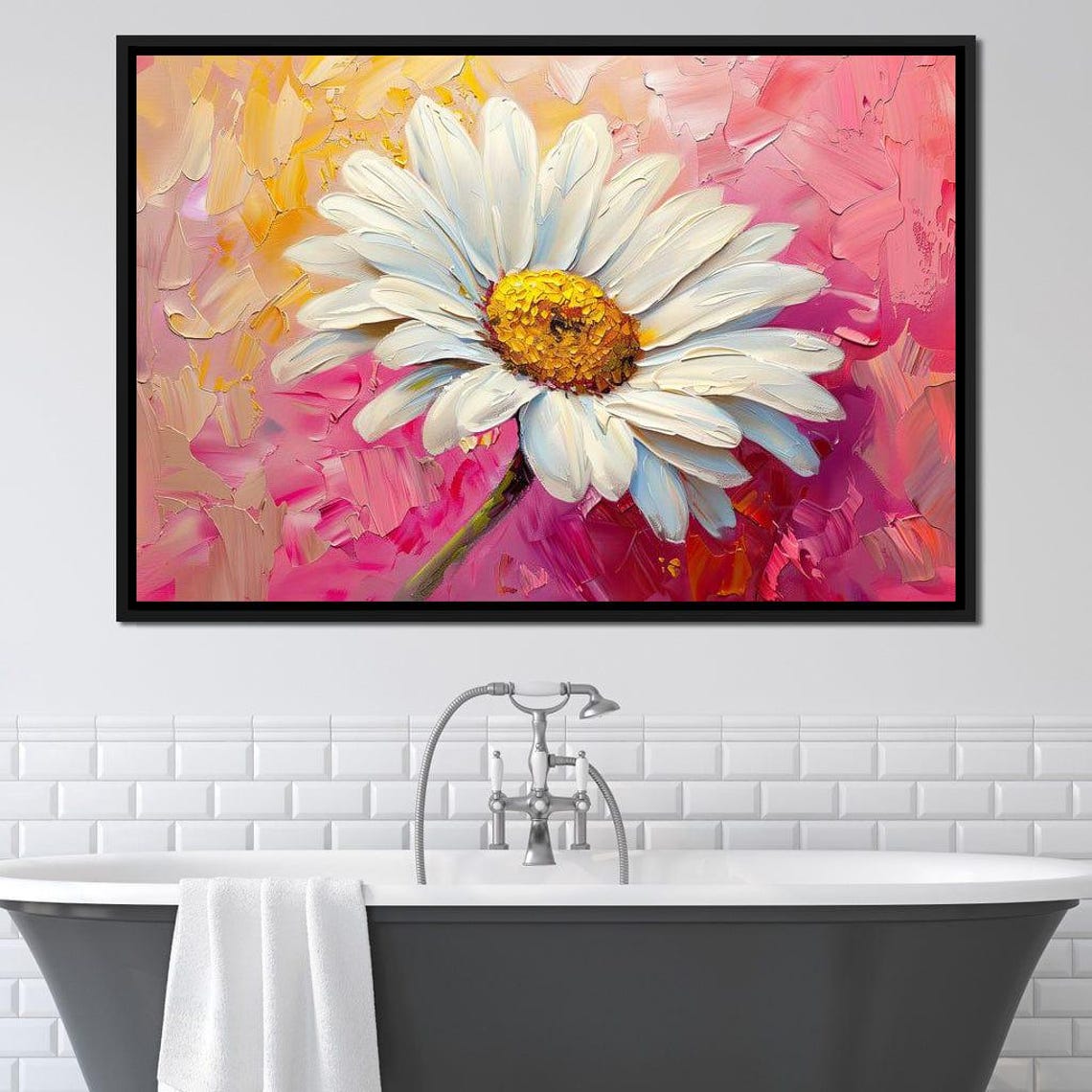 White Daisy Close Up Hot Pink Five Panel Floral Wall Art Poster - Image 2