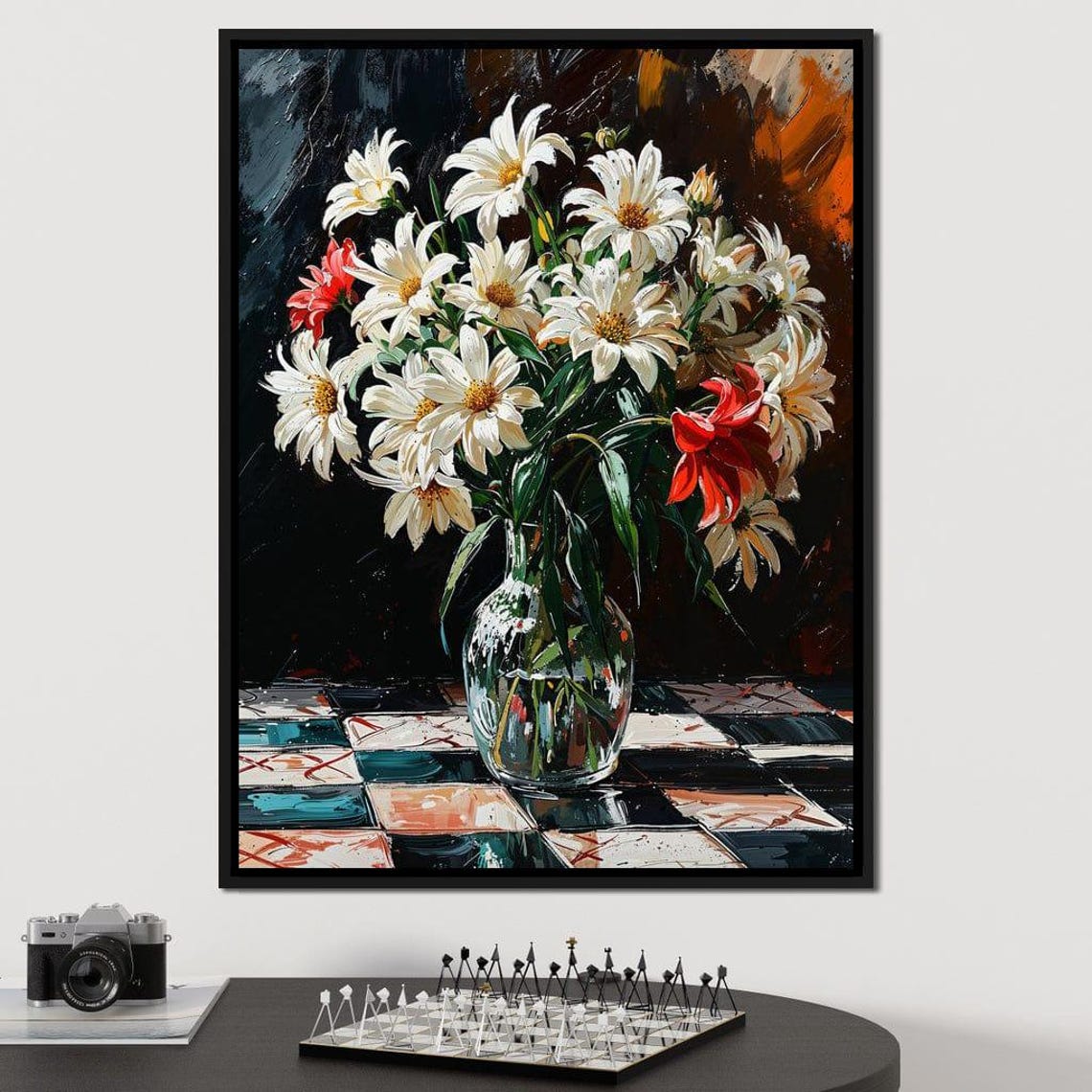 White Daisies Red Accent Glass Vase Checkerboard Still Life Print