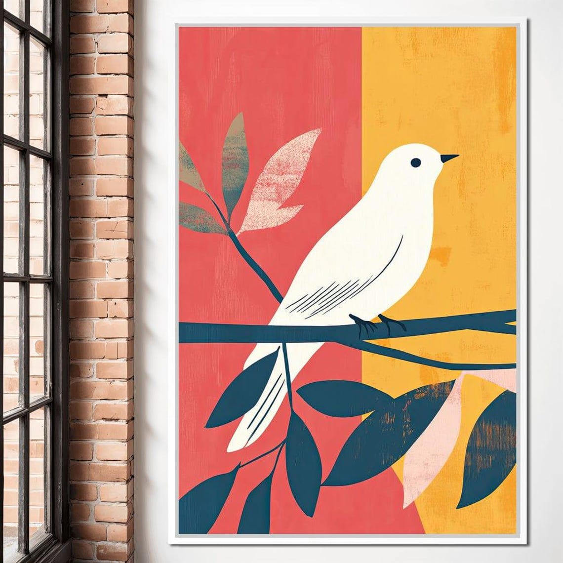White Bird on Branch Coral Yellow Mid Century Modern Nature Art Print - Image 3
