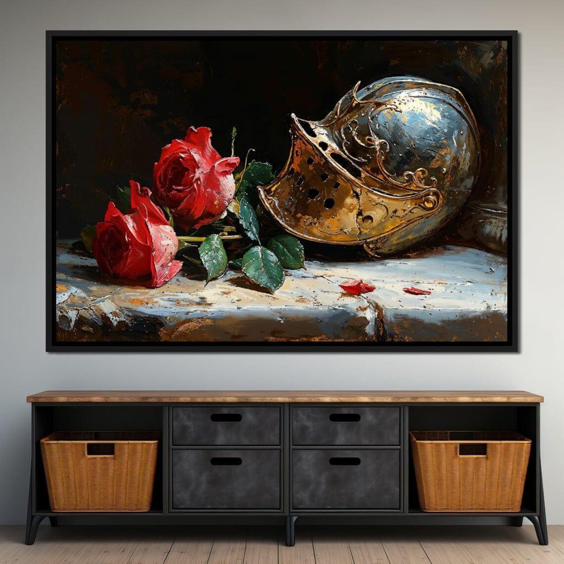 Red Roses And Knight Helmet Baroque Oil Still Life Wall Art Poster