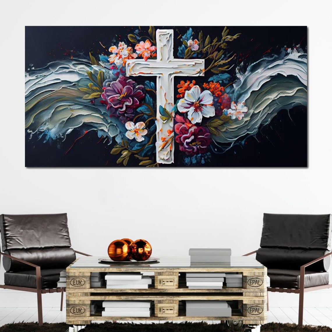 White Cross Blooming Flowers Dark Background Christian Faith Poster - Image 2