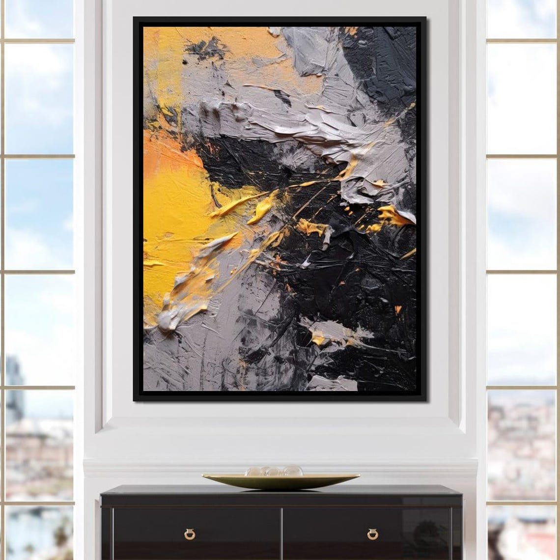 Noir Sunburst Abstract Art Modern Decor Yellow Black Art Textured Bold Art Wall Decoration Large By Nichecanvas