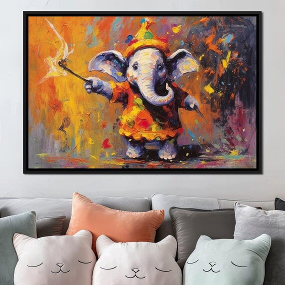 Cute Elephant Painter Clown Hat Colorful Kids Room Art Wall Poster