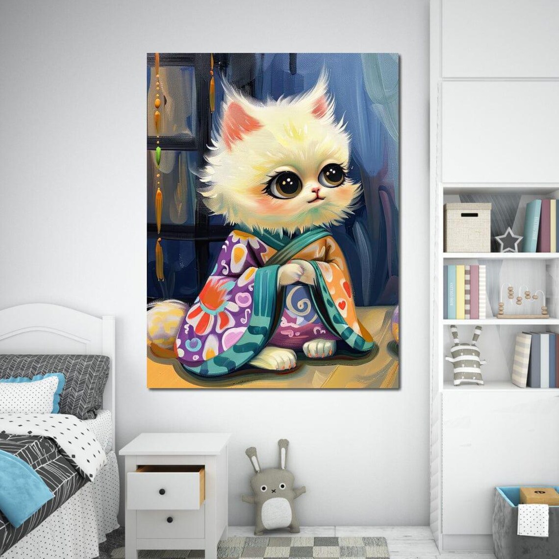 Cute White Kitten Kimono Robe Colorful Whimsical Kids Room Wall Art Poster - Image 4