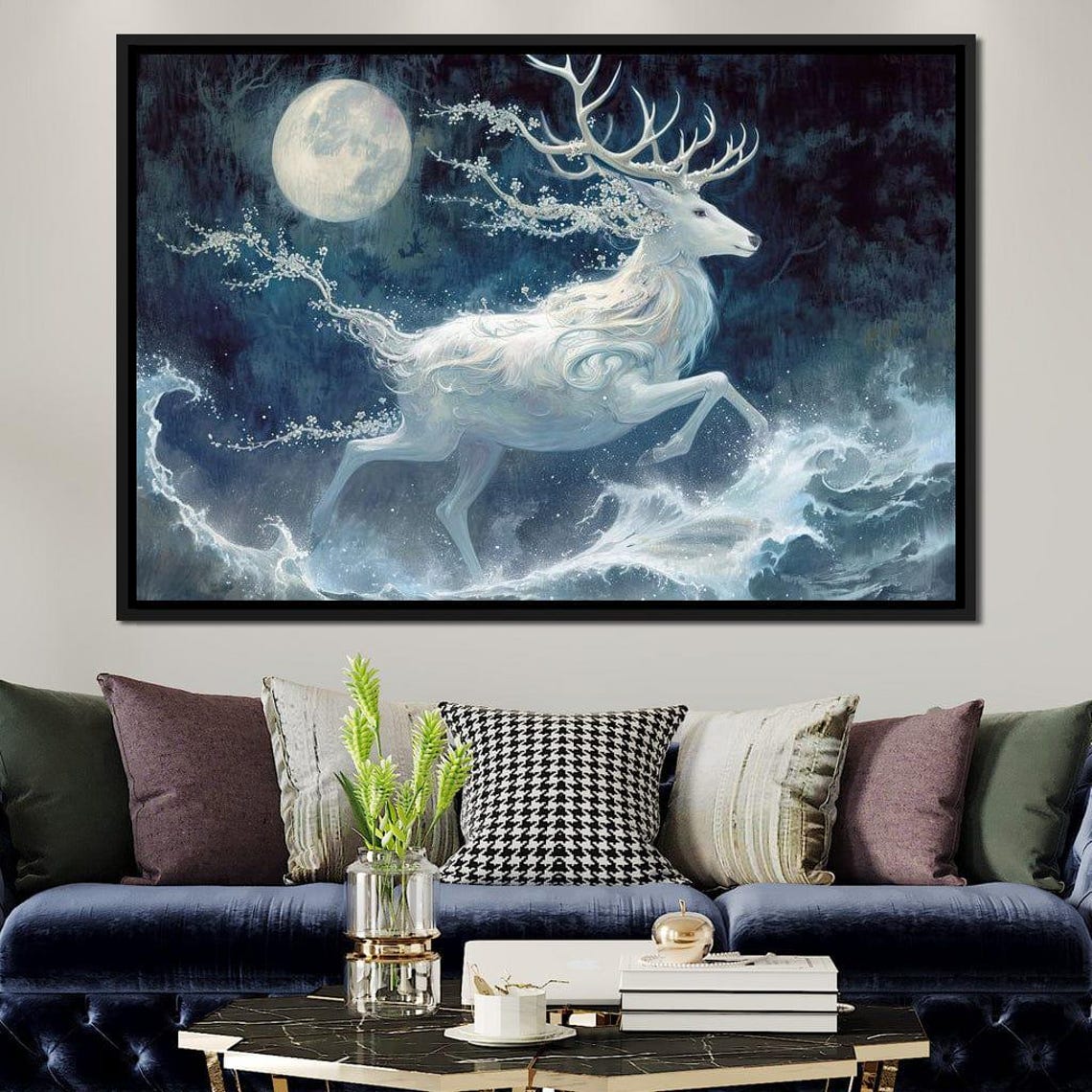 Mystic White Stag Leaping Over Ocean Waves Moonlit Fantasy Wall Art - Image 4