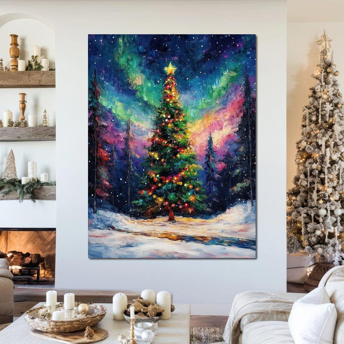 Christmas Tree Under Northern Lights Starry Winter Night Poster - Image 2