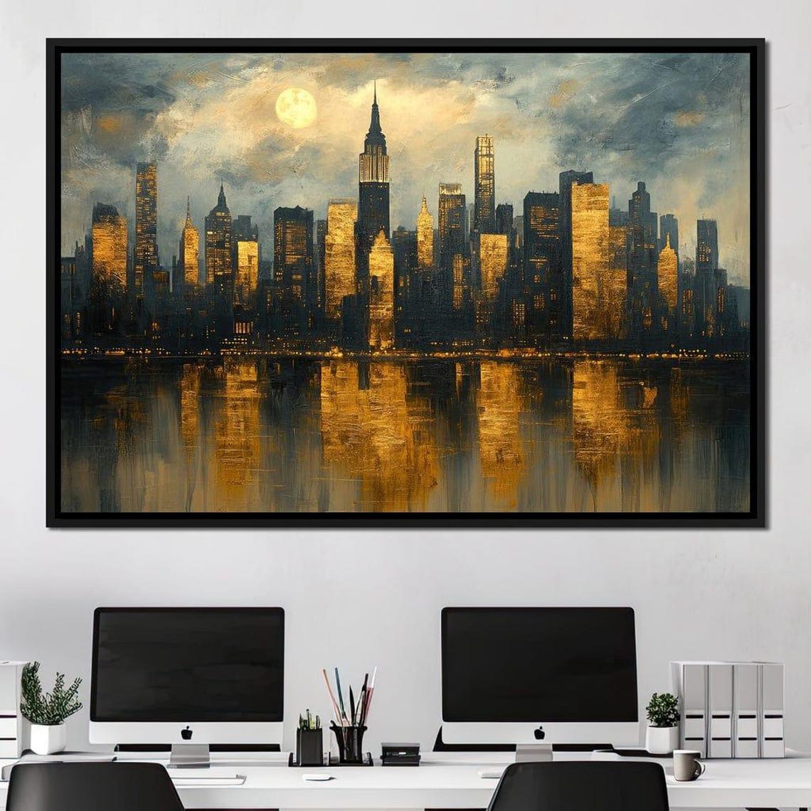 New York City Skyline Golden Night Empire State Moon Reflection Poster - Image 4