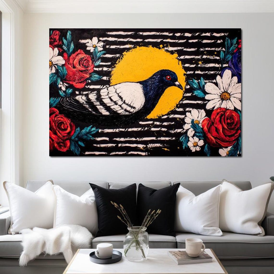 Perched Pigeon Yellow Moon Red Roses Striped Black Folk Bird Poster - Image 4