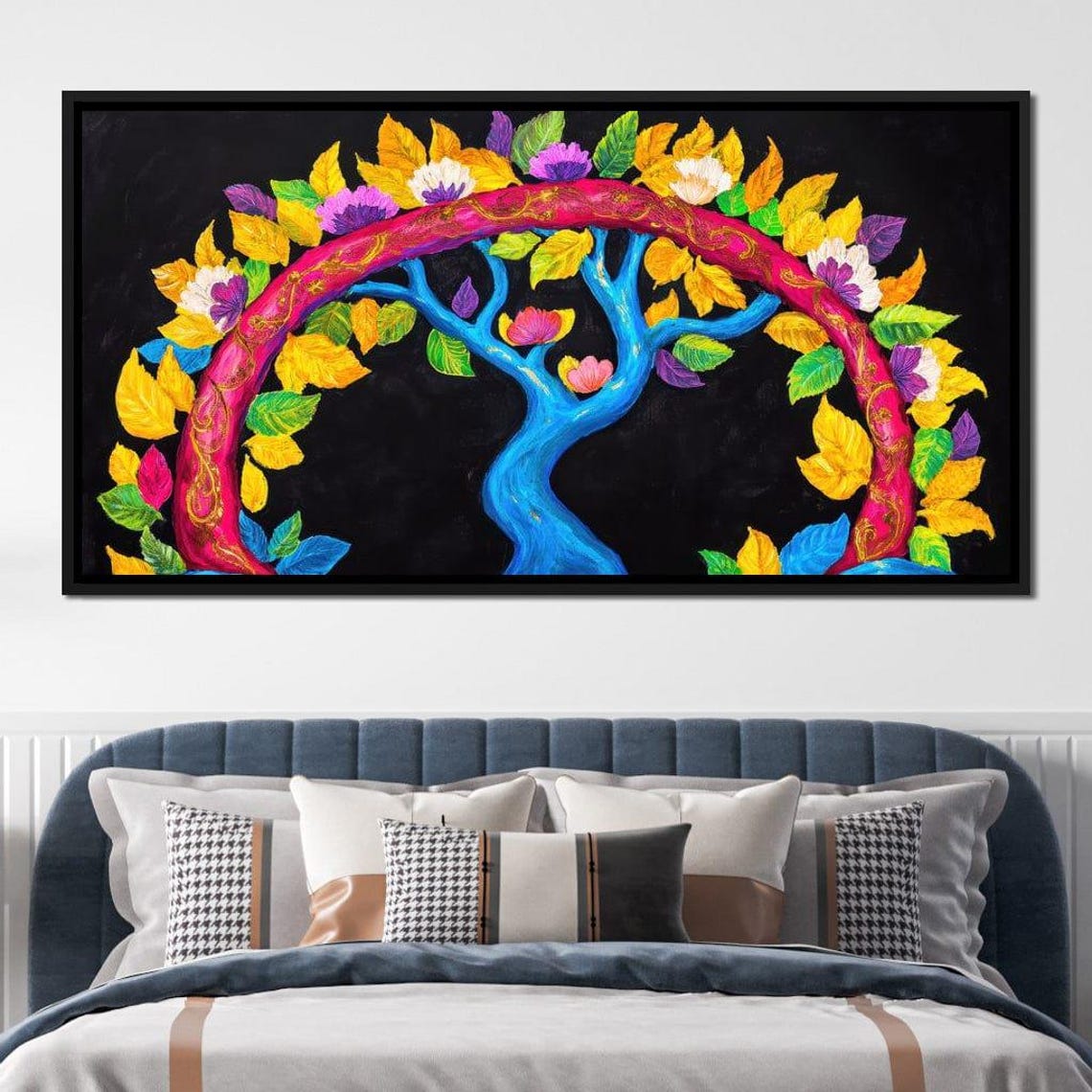 Rainbow Tree Of Life On Black Canvas Colorful Folk Art Style Poster - Image 2