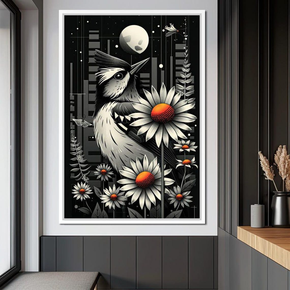 Monochrome Songbird Moonlight Daisies Night Sky Whimsical Art Poster - Image 2