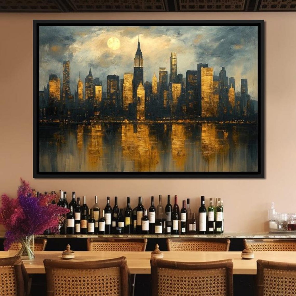 New York City Skyline Golden Night Empire State Moon Reflection Poster