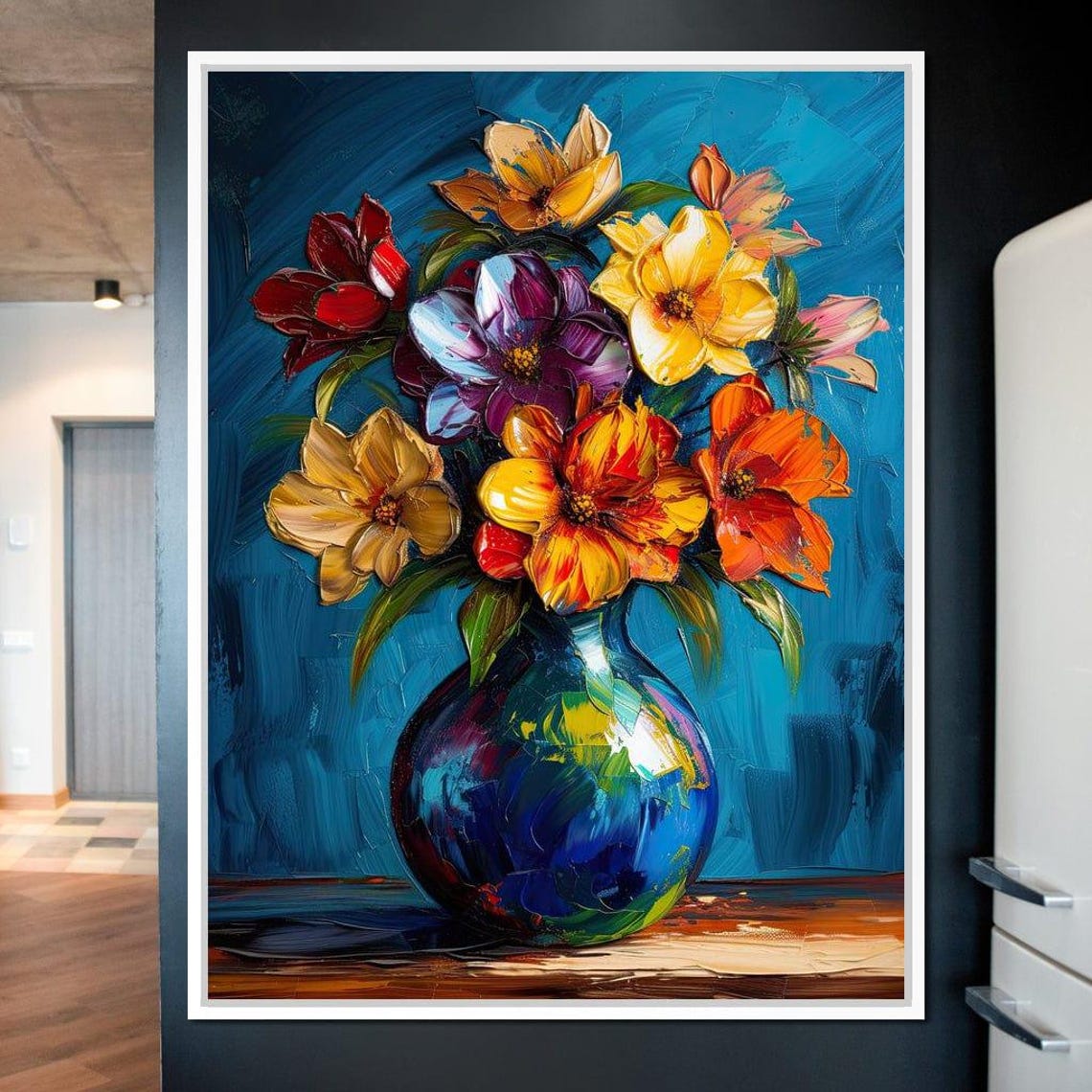 Vibrant Bouquet Red Purple Yellow Flowers Blue Vase Art Wall Poster