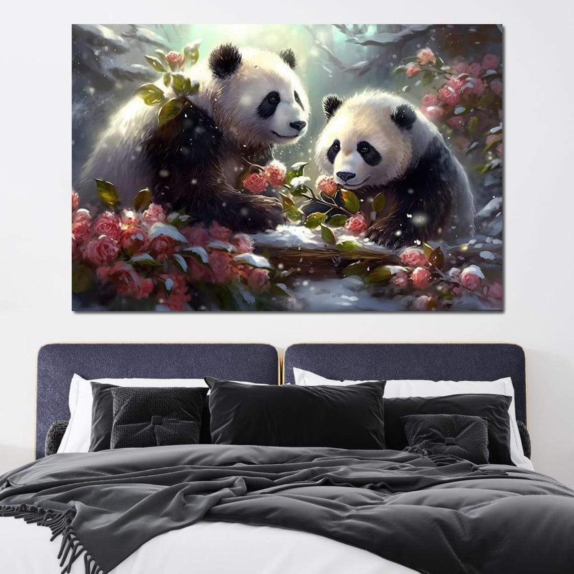 Cute Pandas Winter Blossoms Five Piece Split Canvas Kids Room Poster - Image 4