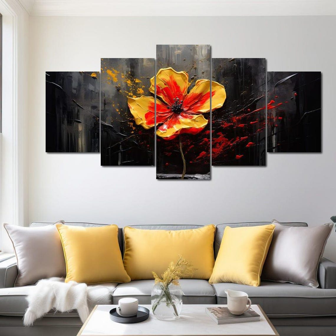 Red Yellow Poppy Abstract Splatter Dark Background Flower Print - Image 4