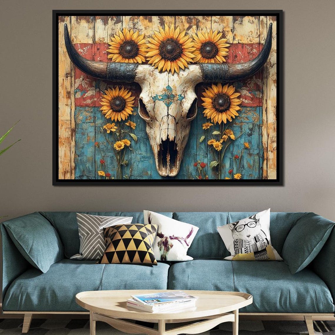 Longhorn Skull Sunflower Wreath Rustic Barn Wood Western Art Print - Image 4