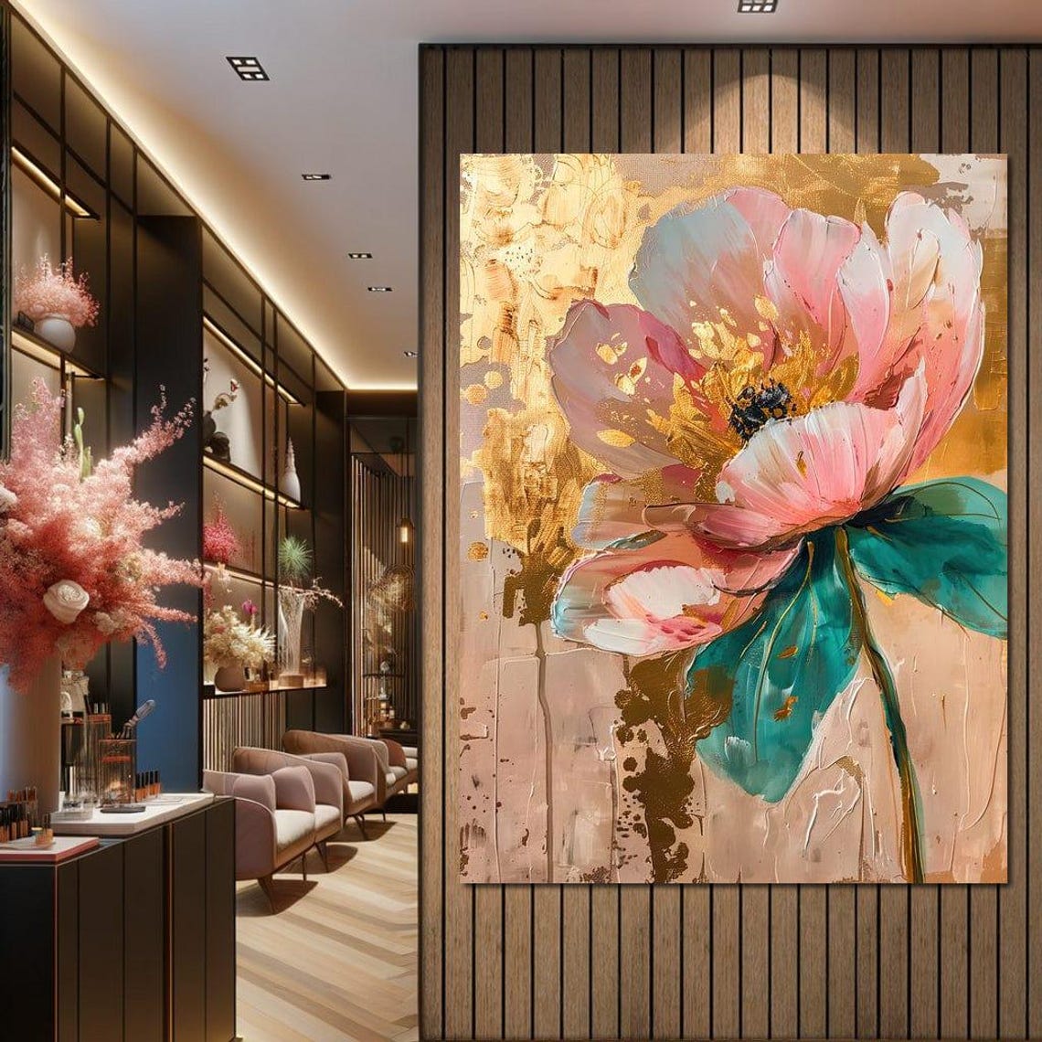 Pink Flower With Gold Leaf Abstract Modern Botanical Wall Art Print - Image 3