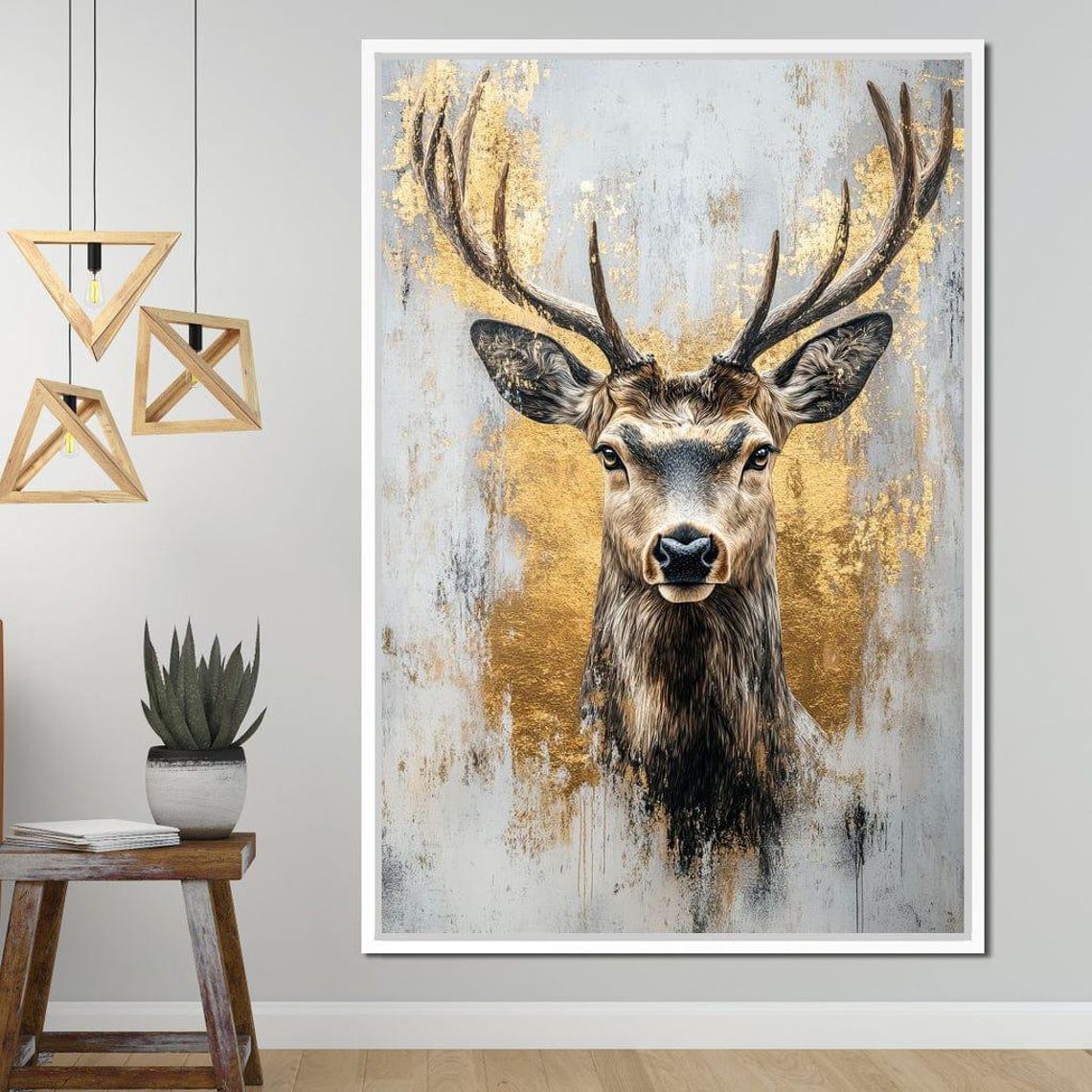 Golden Deer Stag Portrait Gold Leaf Background Elegant Wildlife Poster