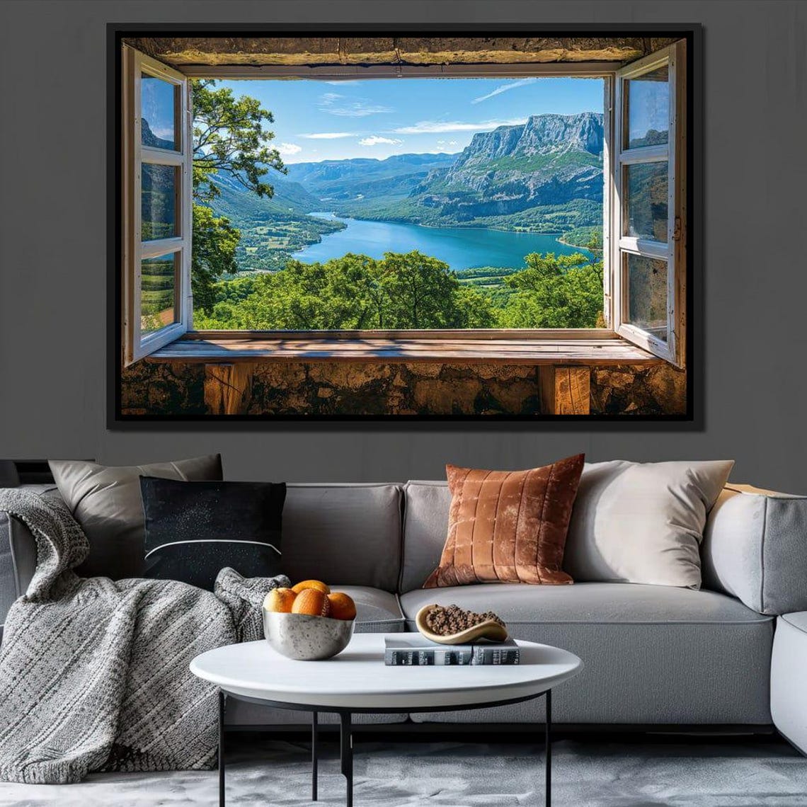 Valley River View Open Window Illusion Green Cliffs Lake Wall Poster - Image 3
