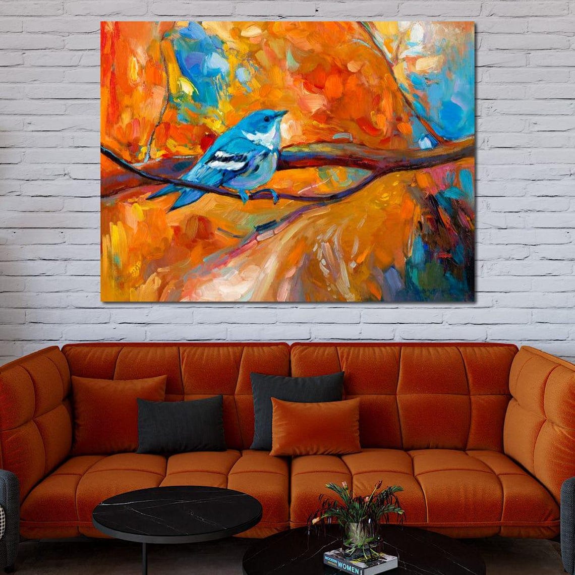 Blue Songbird Branch Fiery Orange Abstract Colorful Bird Painting Art - Image 3