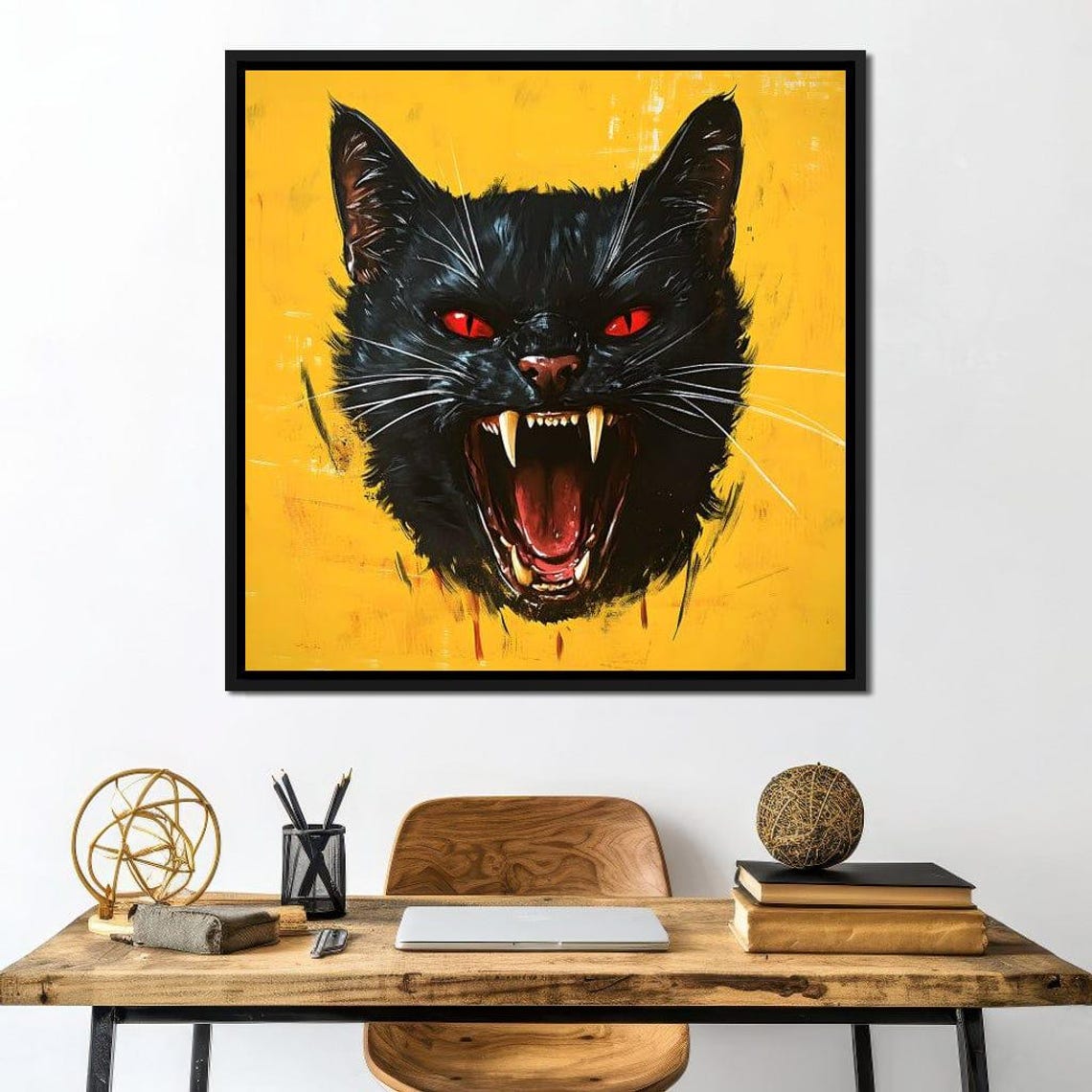 Hissing Black Cat with Red Eyes and Fangs on Bright Yellow Poster - Image 3