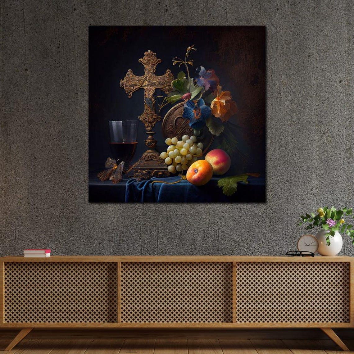 Baroque Gold Cross Still Life With Grapes Wine Dark Classic Art Poster - Image 4