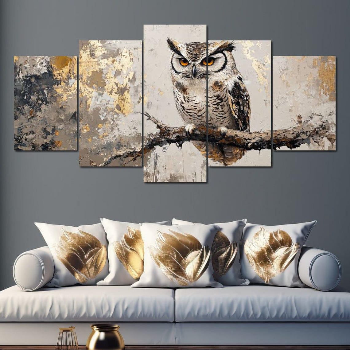 Horned Owl Piercing Eyes Gnarled Branch Beige Gold Abstract Poster - Image 4
