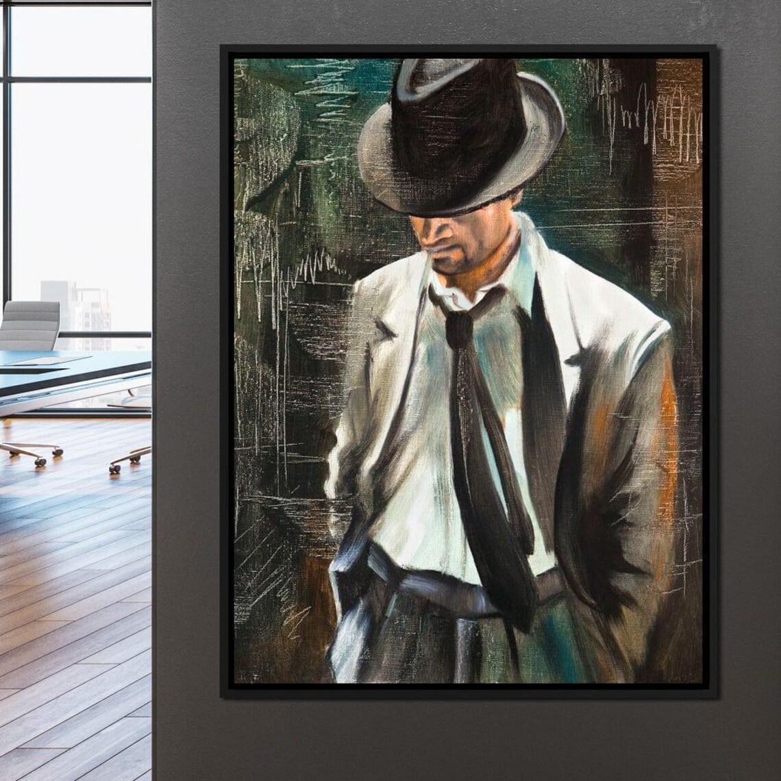 Dapper Gentleman Fedora Suit Moody Oil Portrait Classic Fashion Art Poster