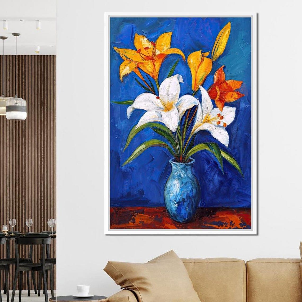 Yellow White Lilies Blue Vase Cobalt Blue Floral Wall Art Poster - Image 3