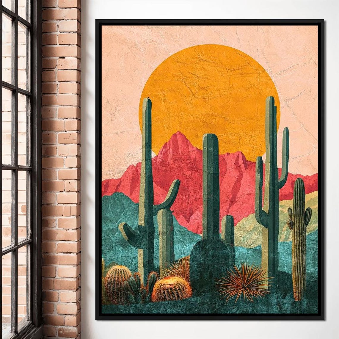 Desert Cactus Sunset Large Sun Red Mountains Southwestern Art Print - Image 3