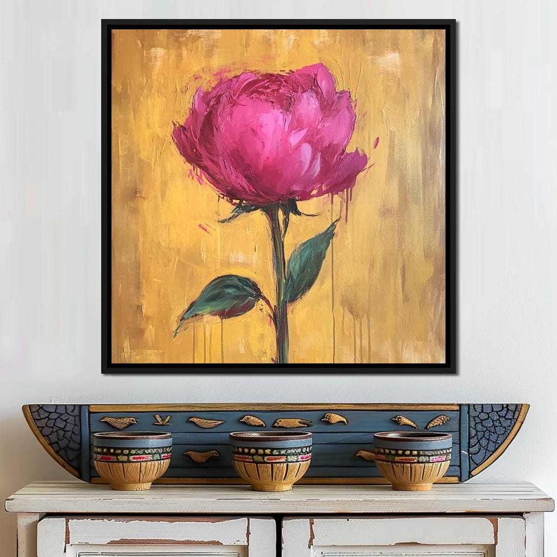 Magenta Pink Rose Golden Yellow Background Impasto Floral Art Print - Image 4