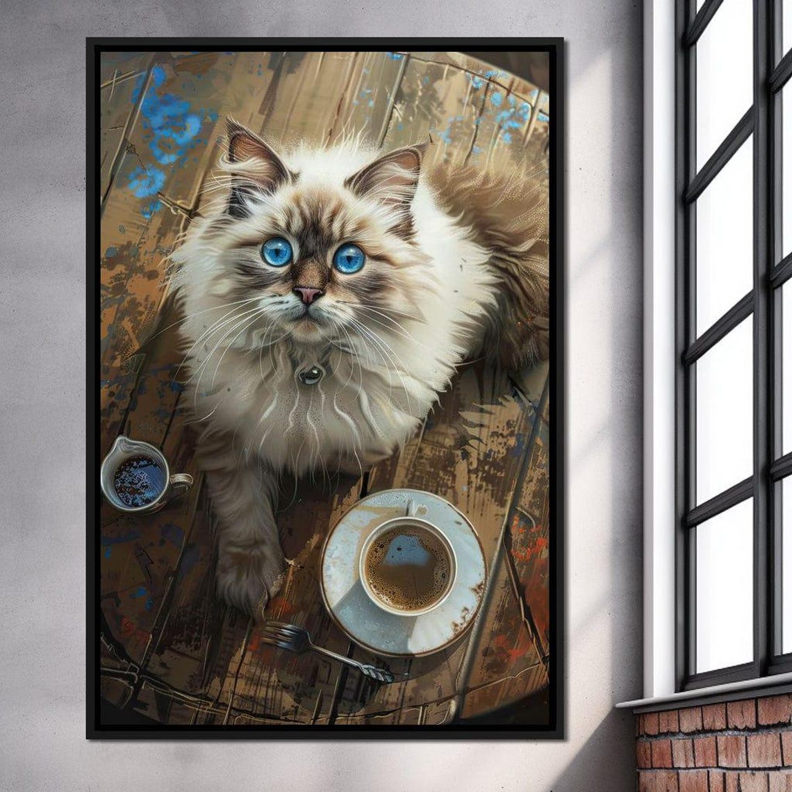 Blue Eyed Fluffy Cat Coffee Table Cute Kitty Portrait Rustic Wall Art - Image 3