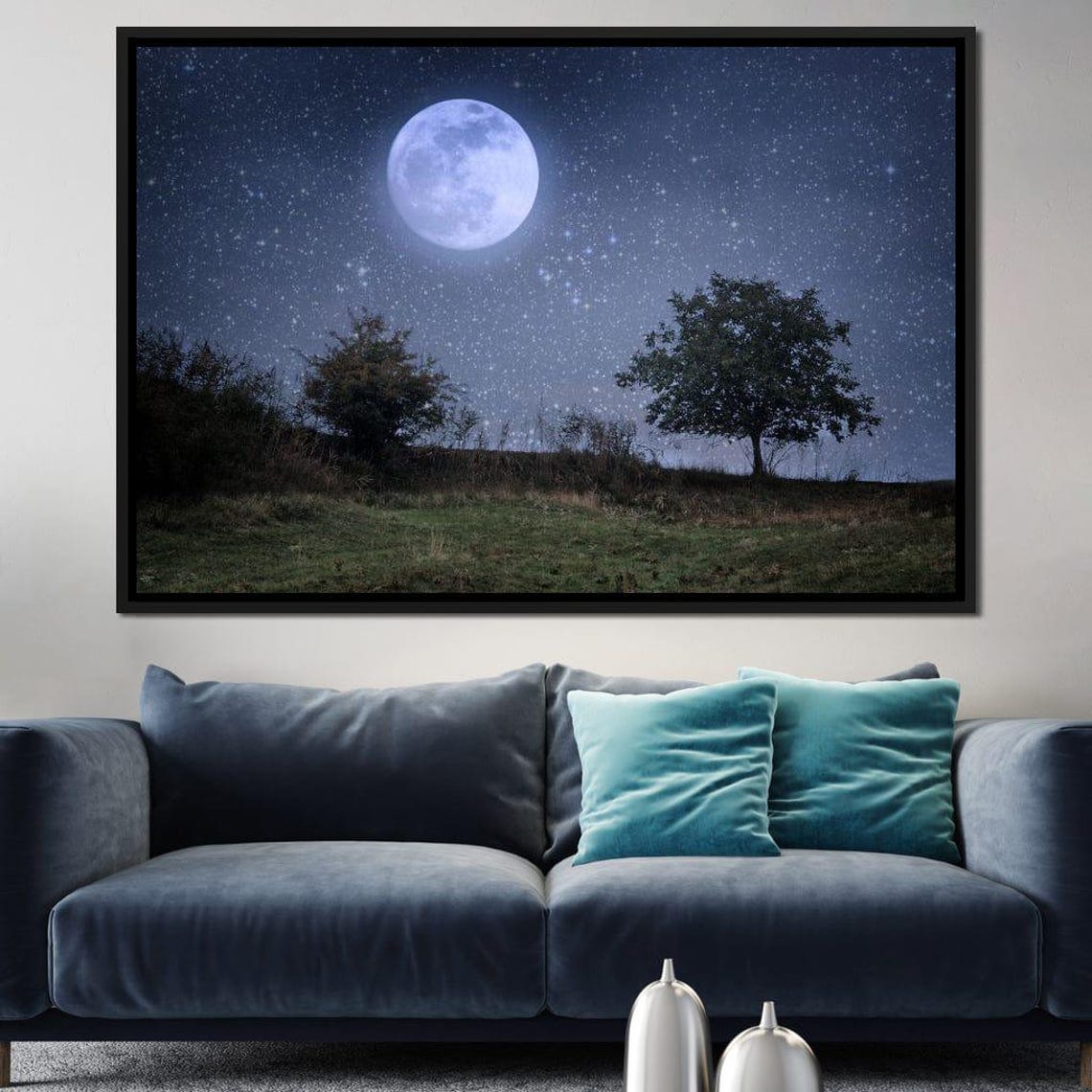Full Moon Over Night Meadow Starry Sky Serene Moonlight Nature Poster