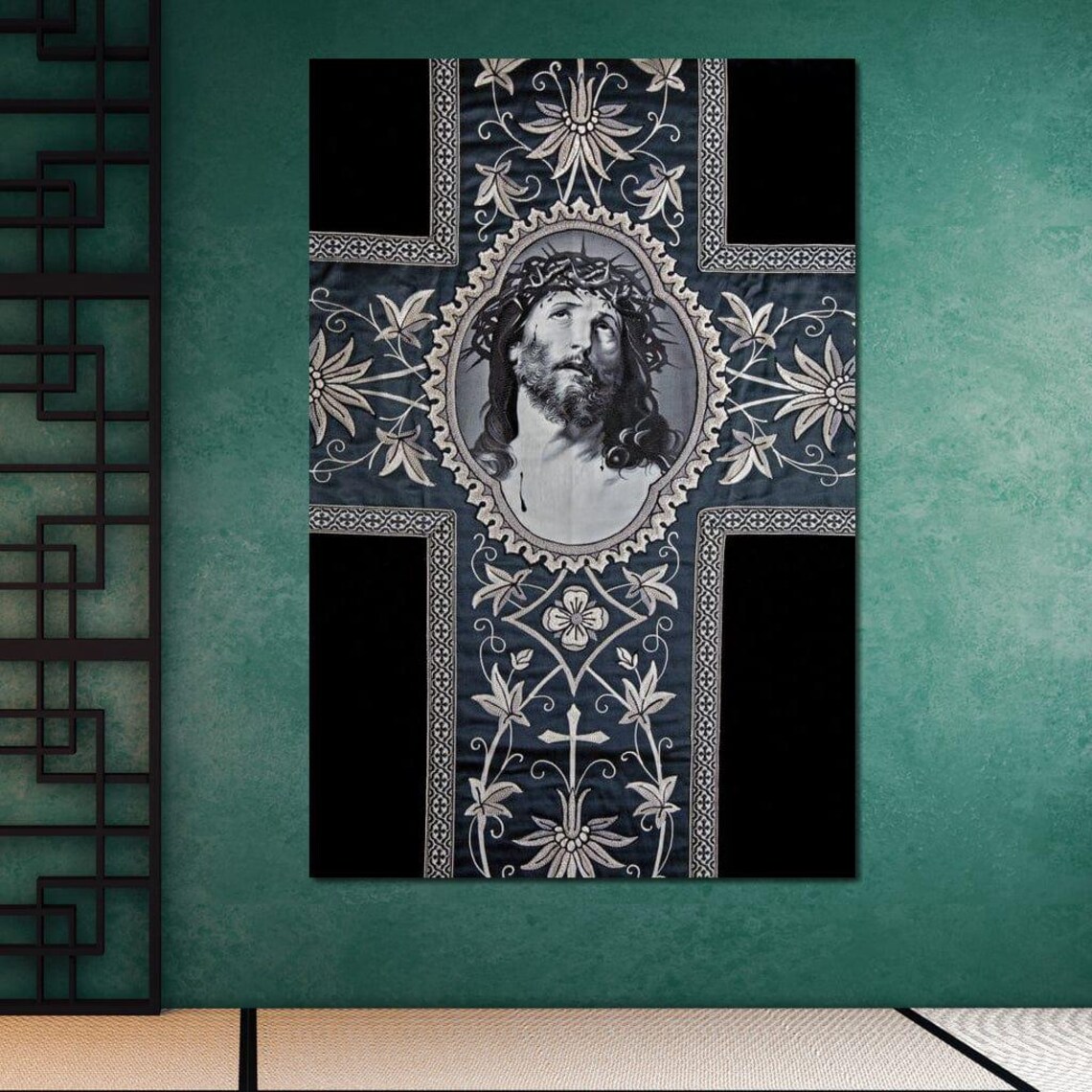 Jesus Christ Crown Thorns Ornate Embroidered Cross Sacred Heart Wall Art - Image 3