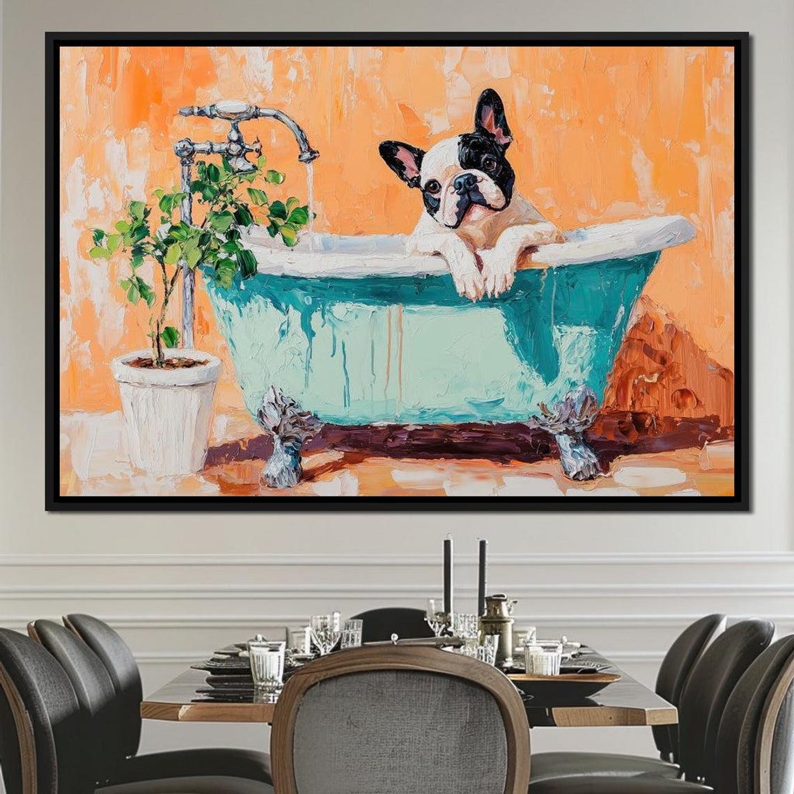 French Bulldog Bath Time Blue Tub Orange Wall Cute Pet Art Poster - Image 3